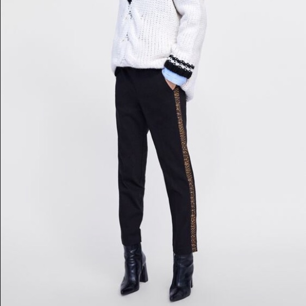 Zara Side Stripe Leopard Trousers Skinny Pants Black Size XS NEW